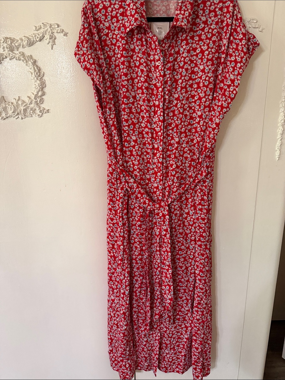 Chaps Red Floral Button-Front Midi Dress with Tie